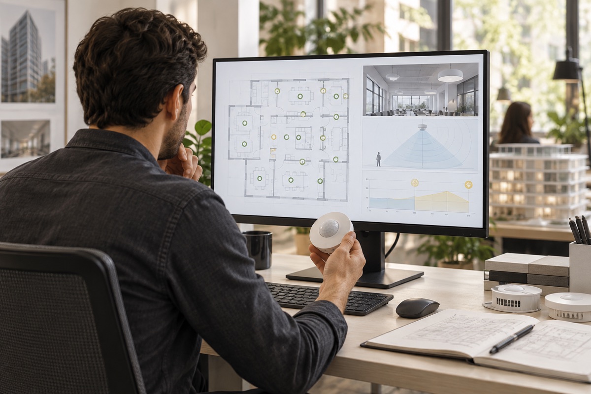 Illustrative engineer reviewing building sensor and lighting plans